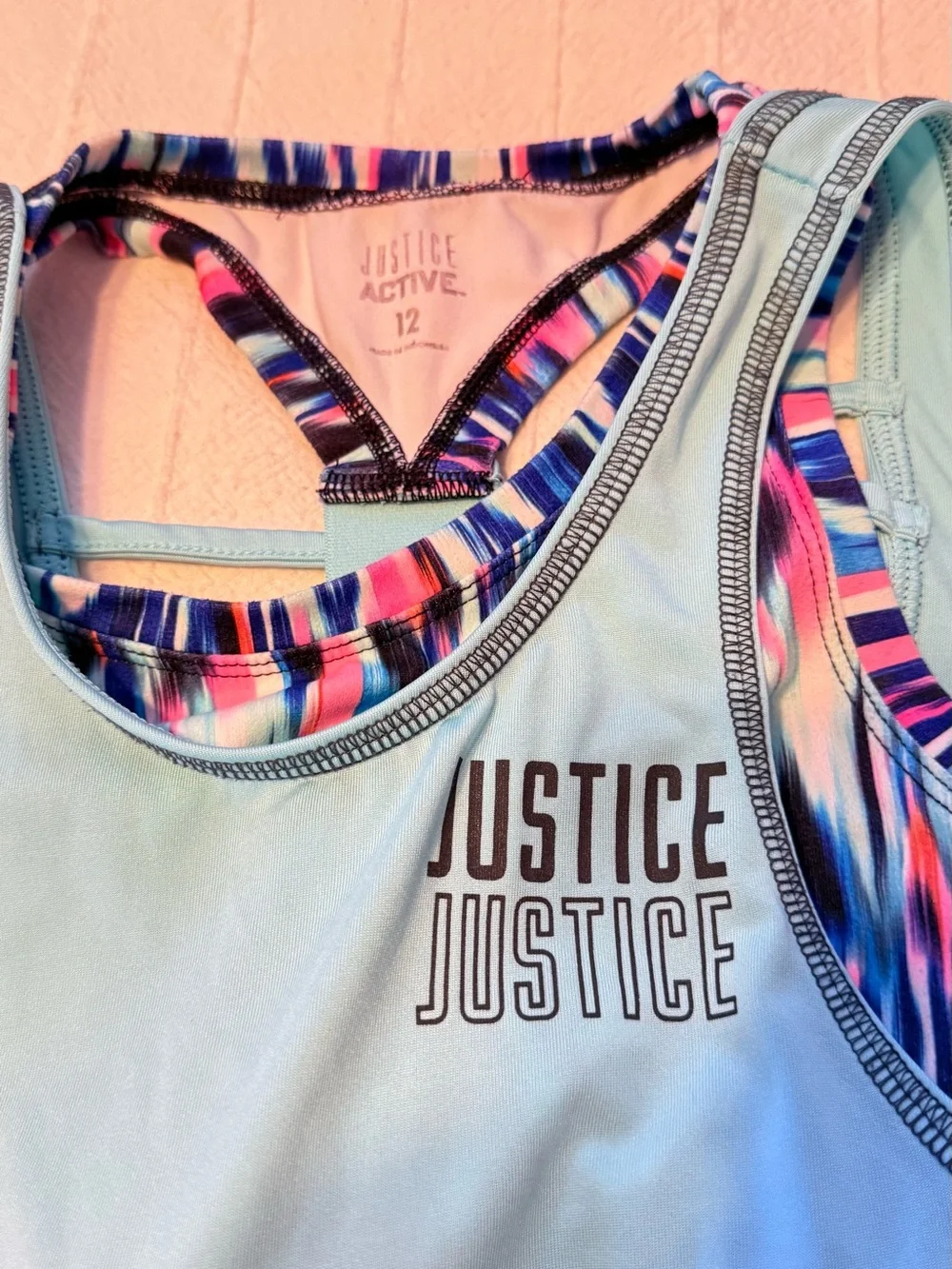 Justice Girls Size 12 Aqua Racerback Tank with Printed Built-In Bra
